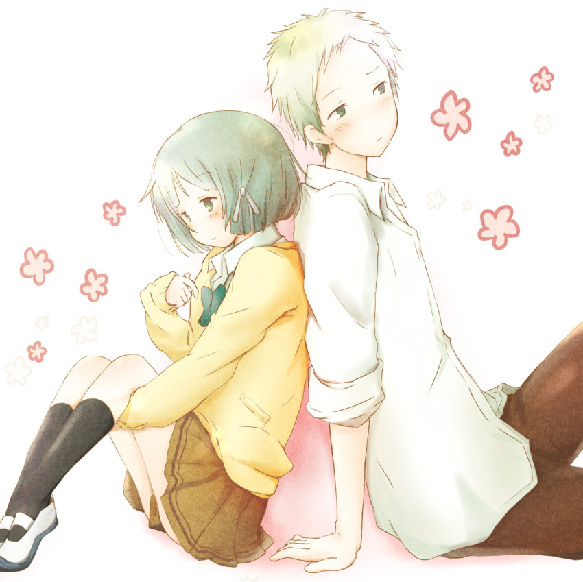 10s, 1boy, 1girl, back-to-back, black_socks, blonde_hair, green_hair, hetero