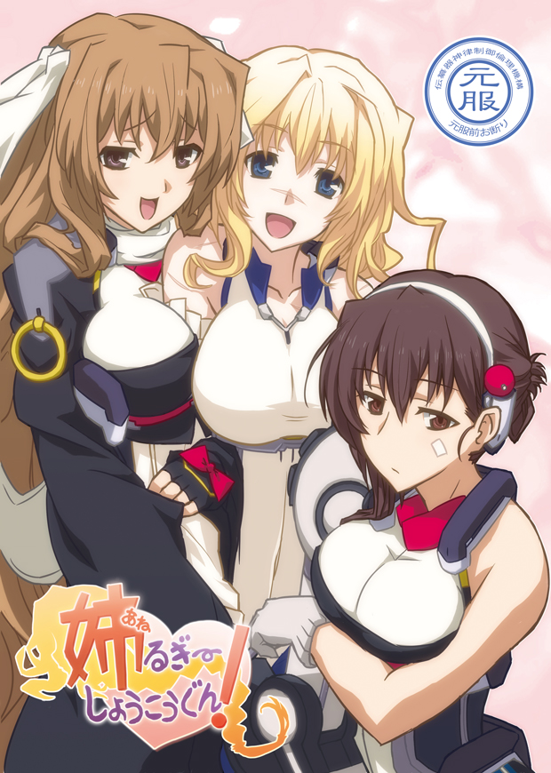 3girls, aoi_kimi, blonde_hair, blue_eyes, bodysuit, breasts, brown_eyes, brown_hair