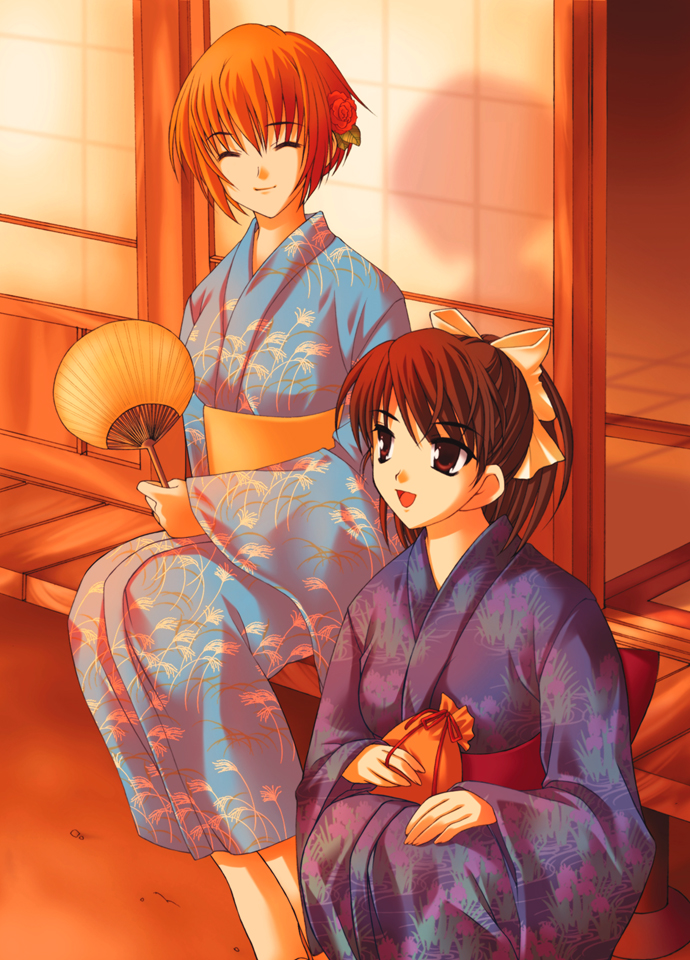 2girls, 5pb., blonde_hair, brown_eyes, brown_hair, ever_17, closed_eyes, hand_fan