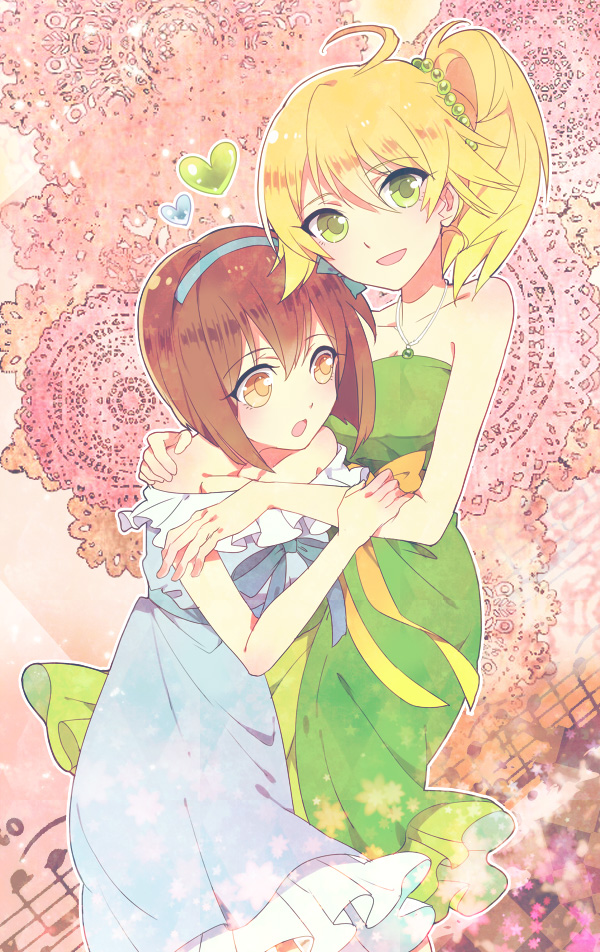 2girls, blonde_hair, brown_eyes, brown_hair, dress, female_focus, green_eyes, hagiwara_yukiho