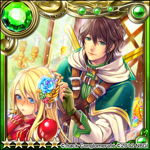 .hack//, 10s, 1boy, 1girl, 2012, aaron_(guilty_dragon), armor, blonde_hair, blue_eyes, blue_flower, blue_rose, brown_hair, buckle, candle, cape, flower, green_eyes, guilty_dragon, hair_flower, hair_ornament, iria_(guilty_dragon), long_hair, okeya_(ol23), rose, smile, star_(symbol)