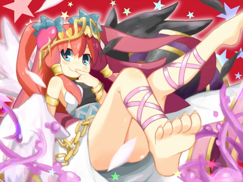 >:), 1girl, ankle_lace-up, armlet, armpits, asymmetrical_wings, bangle, bare_shoulders