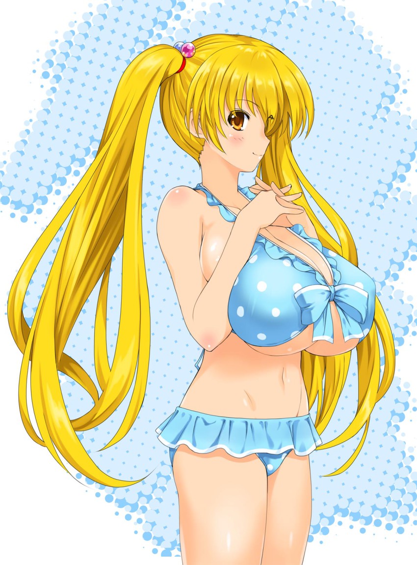 1girl, bad_id, bad_pixiv_id, bikini, blonde_hair, breasts, brown_eyes, cleavage