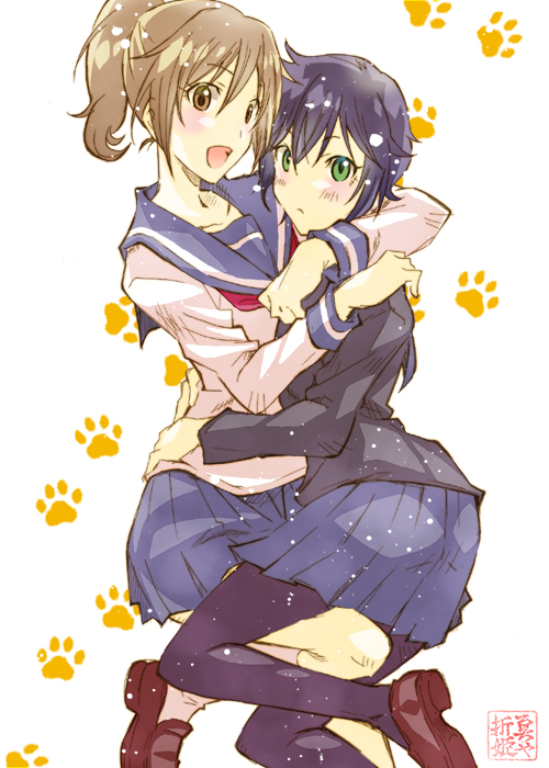 2girls, :d, black_hair, black_socks, blonde_hair, brown_eyes, green_eyes, hug