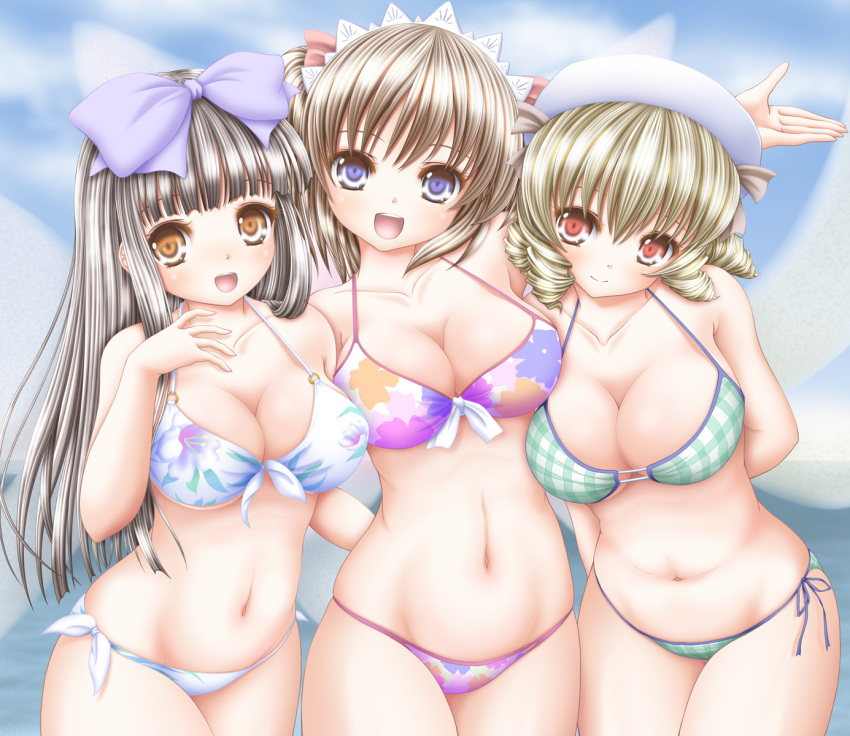 3girls, :d, akino_irori, arms_behind_back, bikini, black_hair, blonde_hair, bow, breasts, brown_eyes, brown_hair, checkered_bikini, checkered_clothes, cleavage, cloud, collarbone, cowboy_shot, day, drill_hair, fairy_wings, floral_print, front-tie_bikini_top, front-tie_top, group_hug, hair_bow, hat, highres, hug, large_breasts, leaning_forward, long_hair, looking_at_viewer, luna_child, midriff, multiple_girls, navel, o-ring, o-ring_top, open_mouth, plaid_bikini, plaid_clothes, purple_eyes, red_eyes, short_hair, side-tie_bikini_bottom, sky, smile, star_sapphire, strap_gap, string_bikini, sunny_milk, swimsuit, touhou, water, wings
