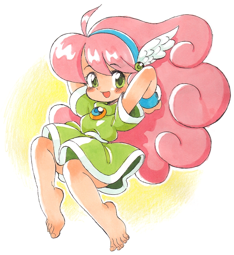 1girl, barefoot, blush, child, dress, feet, female_focus, full_body, hairband, head_wings, long_hair, oyatsu_(mk2), panel_de_pon, pink_hair, smile, solo, toes, very_long_hair, windy_(panel_de_pon), wings