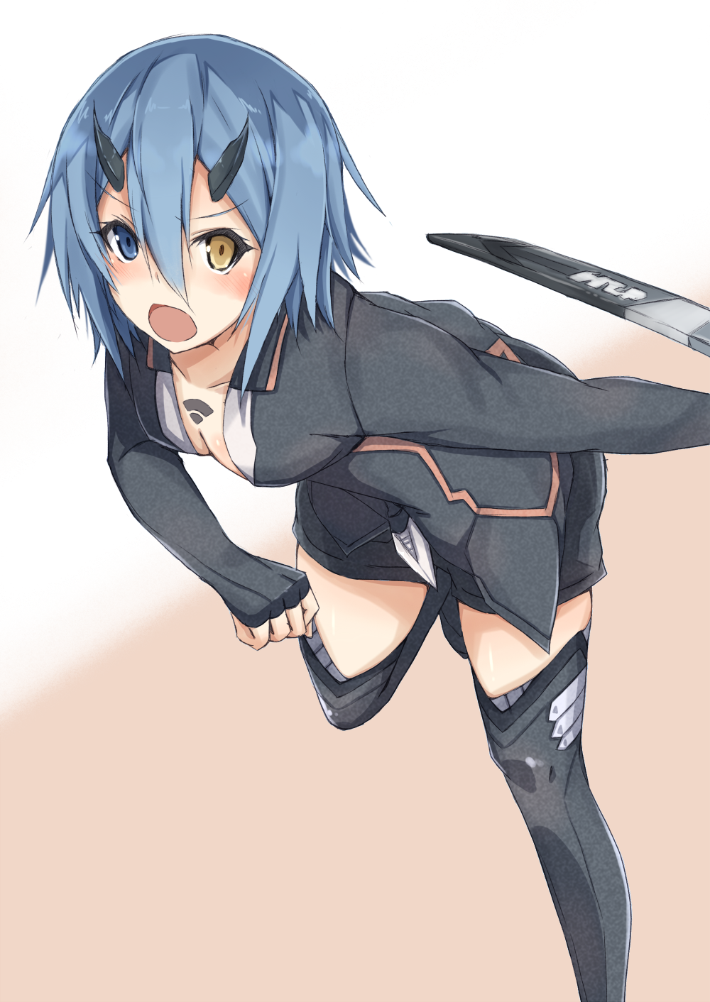 1girl, bad_id, bad_pixiv_id, blue_eyes, blue_hair, blush, boots, deuman, dewman, heterochromia, highres, horns, io_(pso2), katana, kurebayashi_noe, md5_mismatch, phantasy_star, phantasy_star_online_2, short_hair, sword, tattoo, thighhighs, weapon, yellow_eyes