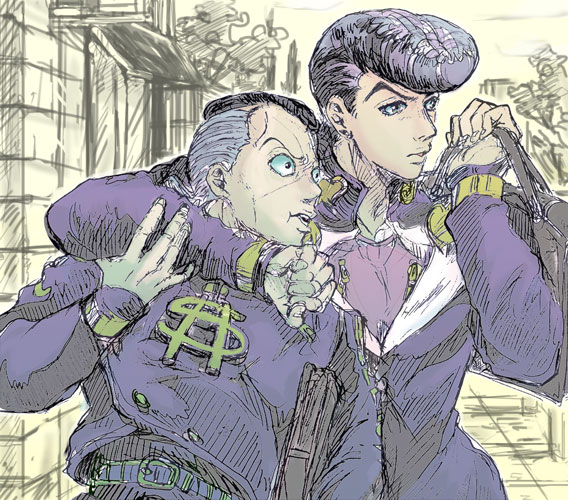 2boys, bad_id, bad_pixiv_id, bag, belt, black_hair, gakuran, higashikata_josuke