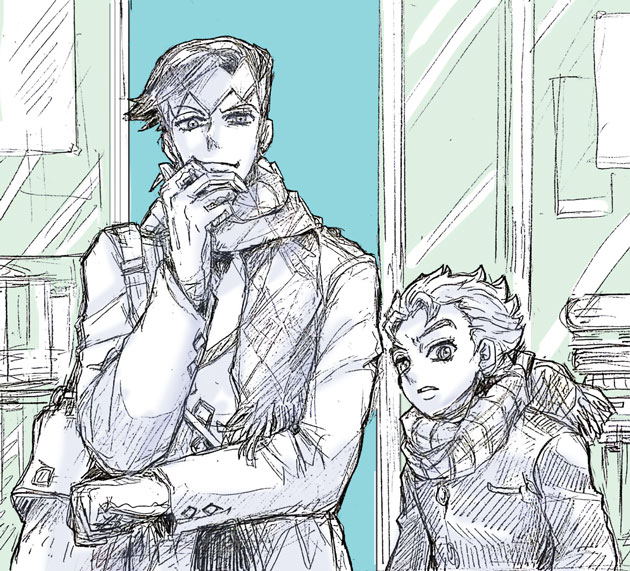 2boys, argyle_clothes, argyle_scarf, black_hair, book, checkered_clothes, checkered_scarf, coat