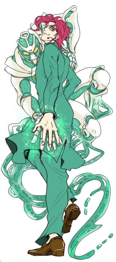 1boy, bad_id, bad_pixiv_id, earrings, gakuran, green_eyes, hierophant_green, holding_hands