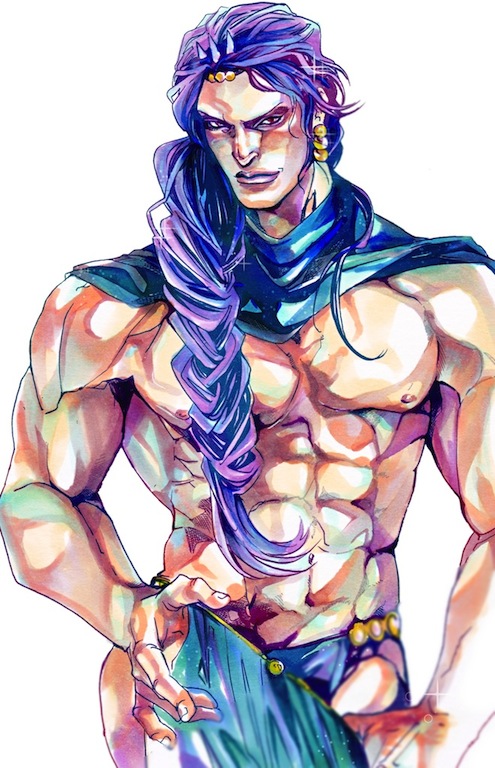 1boy, alternate_hairstyle, blue_hair, braid, earrings, horns, jewelry, jojo_no_kimyou_na_bouken