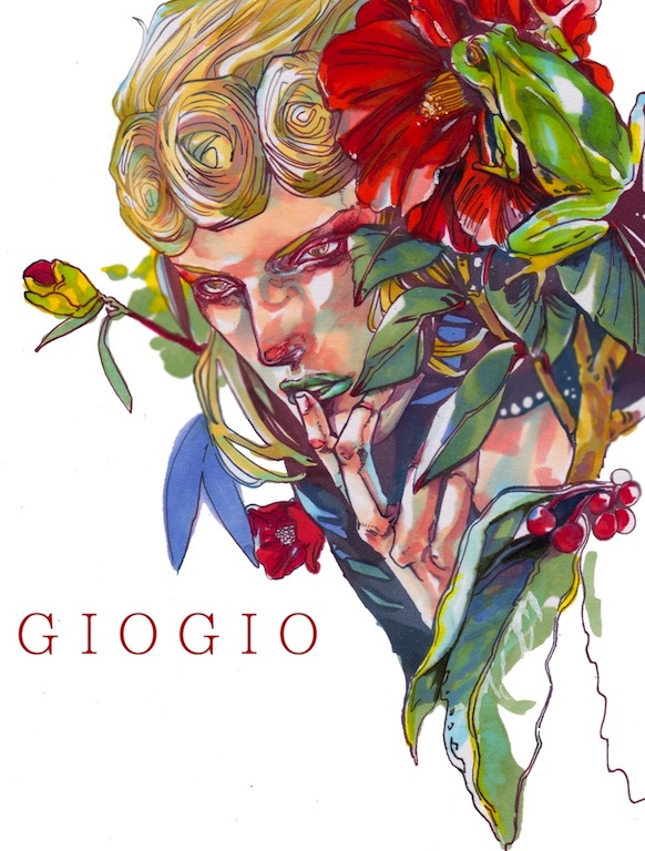 1boy, blonde_hair, blue_lips, camellia, finger_to_mouth, flower, frog, giorno_giovanna, hibiscus, jojo_no_kimyou_na_bouken, lipstick, makeup, male_focus, manly, shaapu, solo, upper_body, vento_aureo, yellow_eyes