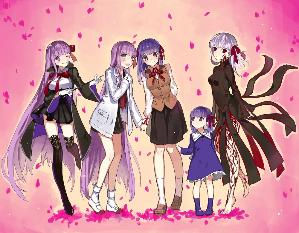 10s, 5girls, bad_id, bad_pixiv_id, bb_(fate), bb_(fate/extra), buun_ko, dark_sakura, fate/extra, fate/extra_ccc, fate/stay_night, fate/zero, fate_(series), long_hair, matou_sakura, matou_sakura_(fate/extra), matou_sakura_(fate/zero), multiple_girls, multiple_persona, purple_eyes, purple_hair, red_eyes, thighhighs, vane_(vane0), very_long_hair, white_hair