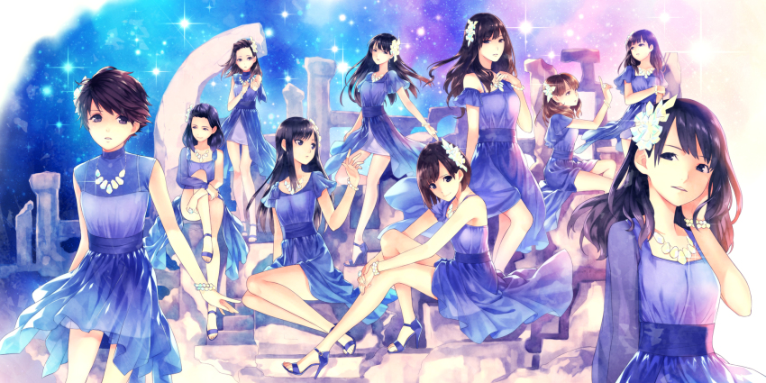 6+girls, black_eyes, black_hair, bracelet, brown_hair, dress, flower, fukumura_mizuki, hair_flower, hair_ornament, high_heel_sandals, high_heels, highres, hirano_katsuyuki, iikubo_haruna, ikuta_erina, ishida_ayumi, jewelry, kudou_haruka_(momusu), michishige_sayumi, morning_musume, multiple_girls, necklace, oda_sakura, sandals, satou_masaki_(momusu), sayashi_riho, skirt, suzuki_kanon