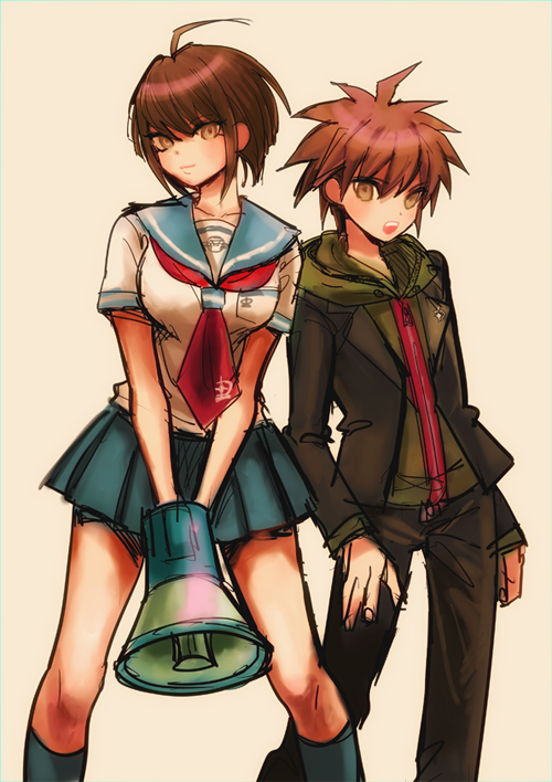 10s, 1boy, 1girl, ahoge, brother_and_sister, brown_eyes, brown_hair, danganronpa:_trigger_happy_havoc