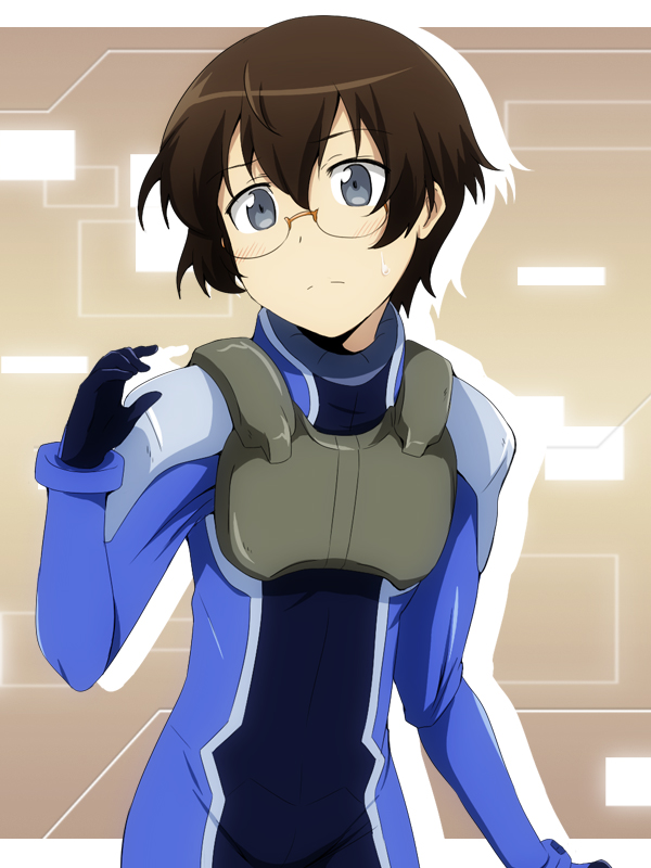 1girl, blue_eyes, blush, brown_hair, cosplay, female_focus, glasses, gundam, gundam_00, ikari_manatsu, ore_no_imouto_ga_konna_ni_kawaii_wake_ga_nai, revision, semi-rimless_eyewear, setsuna_f._seiei, setsuna_f_seiei_(cosplay), short_hair, solo, tamura_manami, under-rim_eyewear