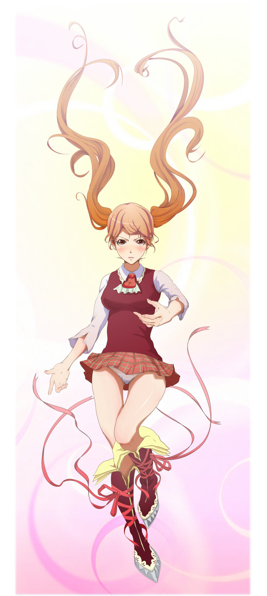1girl, absurdres, air_gear, ascot, boots, female_focus, floating_hair, gradient_background, hh39731111, highres, knee_boots, lips, long_hair, long_sleeves, looking_at_viewer, noyamano_ringo, orange_skirt, panties, pantyshot, parted_lips, plaid_clothes, plaid_skirt, shiny_skin, shirt, skirt, solo, standing, sweater_vest, twintails, underwear, upskirt, very_long_hair, white_panties, white_shirt, zielgigas