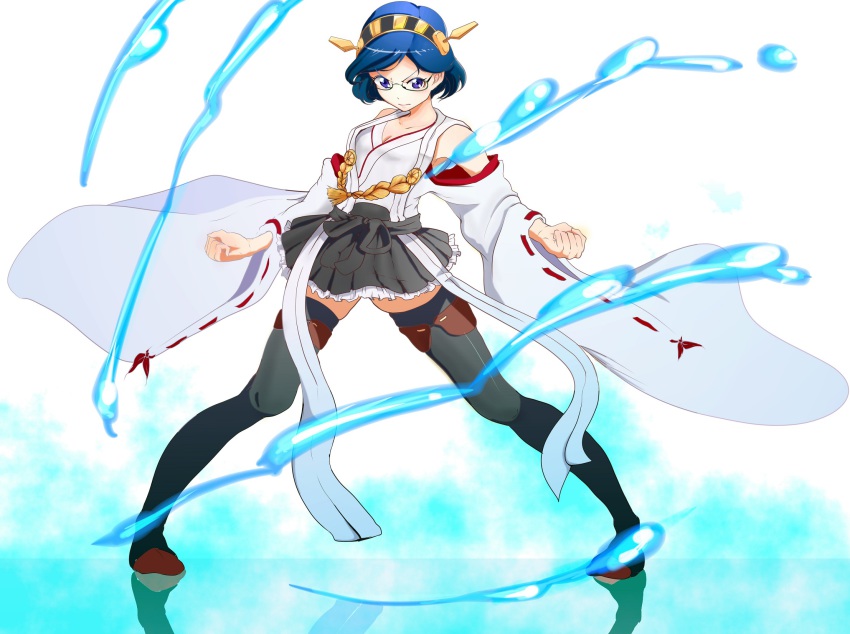 10s, 1girl, alternate_hair_color, bare_shoulders, black_thighhighs, blue_hair, boots, breasts, cleavage, collarbone, detached_sleeves, eyelashes, female_focus, fighting_stance, glasses, hakama, hakama_short_skirt, hakama_skirt, headgear, hh39731111, highres, japanese_clothes, kantai_collection, kimono, kirishima_(kancolle), long_sleeves, looking_at_viewer, missing_legwear, nontraditional_miko, pleated_skirt, purple_eyes, serious, short_hair, skirt, solo, thigh_boots, thighhighs, thighs, wide_sleeves, zielgigas