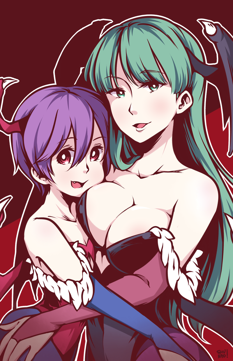 2girls, asymmetrical_docking, bare_shoulders, breast_press, breasts, bridal_gauntlets, cleavage, demon_girl, fang, flat_chest, green_eyes, green_hair, head_wings, highres, joelyn_lai, large_breasts, leotard, lilith_(darkstalkers), long_hair, looking_at_viewer, lyn_(shunao), morrigan_aensland, multiple_girls, open_mouth, pantyhose, purple_hair, red_background, red_eyes, red_leotard, short_hair, darkstalkers, wings