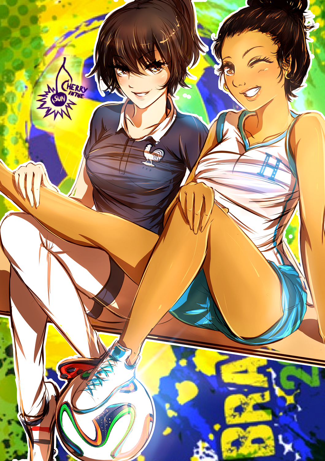 2014_fifa_world_cup, 2girls, ball, brown_eyes, brown_hair, cherry_in_the_sun, dark-skinned_female, dark_skin, france, highres, honduras, multiple_girls, one_eye_closed, original, short_hair, soccer, soccer_ball, soccer_uniform, sportswear, wink, world_cup