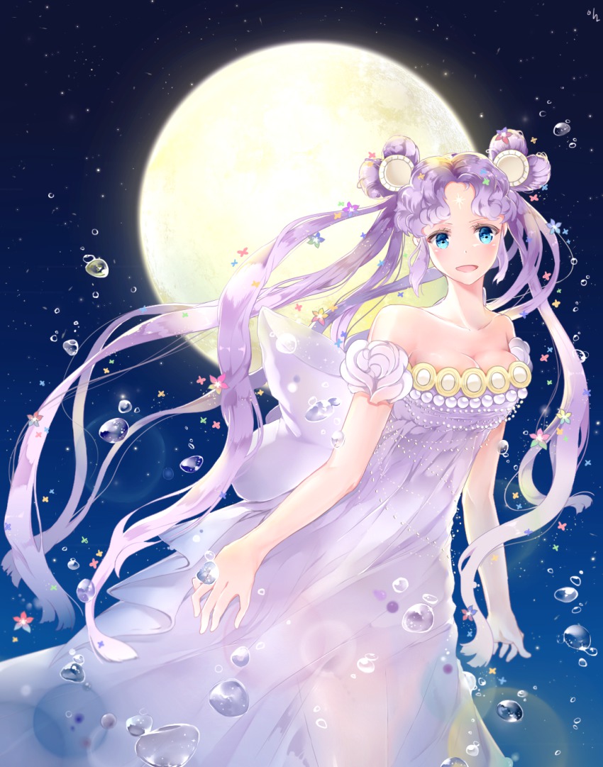 1girl, bad_id, bad_pixiv_id, bare_shoulders, bishoujo_senshi_sailor_moon, bishoujo_senshi_sailor_moon_stars, blue_eyes, bubble, detached_sleeves, double_bun, dress, facial_mark, female_focus, flower, forehead_mark, full_moon, hair_bun, hair_flower, hair_ornament, heart_hair_bun, highres, iji_(u_mayday), light_purple_hair, long_hair, moon, parted_bangs, sailor_cosmos, smile, solo, star_(symbol), star_facial_mark, very_long_hair, white_dress