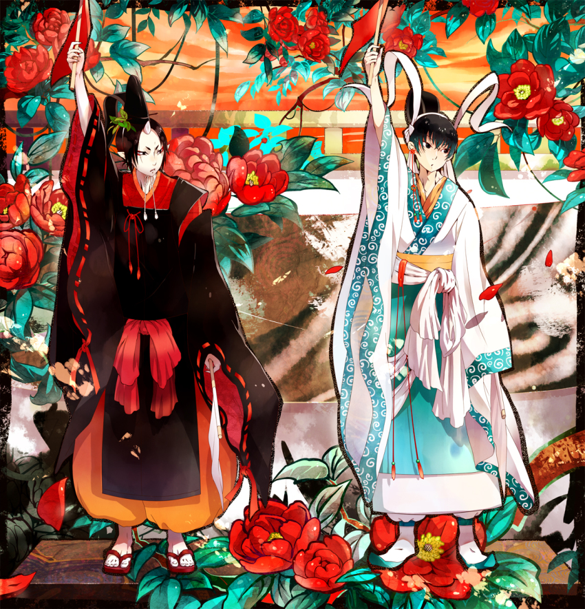 10s, 2boys, black_eyes, black_hair, flower, geta, hair_ornament, hakutaku_(hoozuki_no_reitetsu)