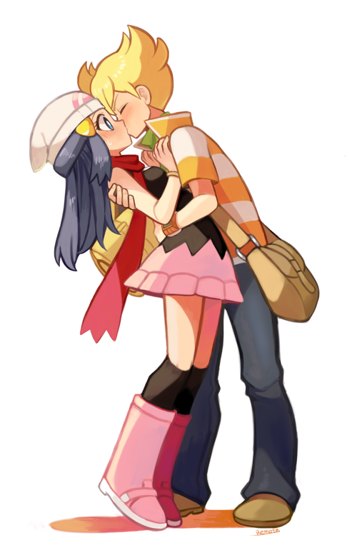 00s, 1boy, 1girl, bad_id, bad_pixiv_id, bag, barry_(pokemon), beanie