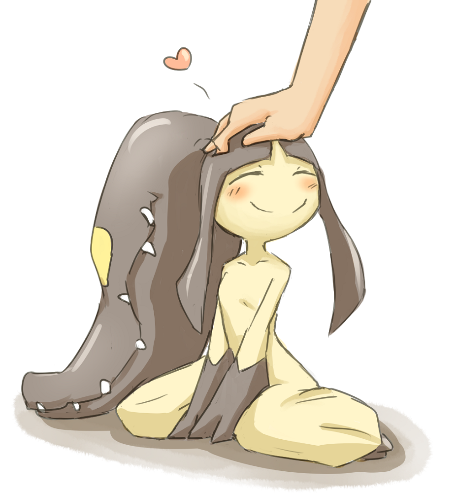 bad_id, bad_pixiv_id, black_hair, blush, closed_eyes, collarbone, gen_3_pokemon, head_pat, headpat, heart, horns, ito_(itokayu), itokayu, mawile, nintendo, pokemon, pokemon_(creature), shadow, single_horn, sitting, smile, solo_focus, wariza