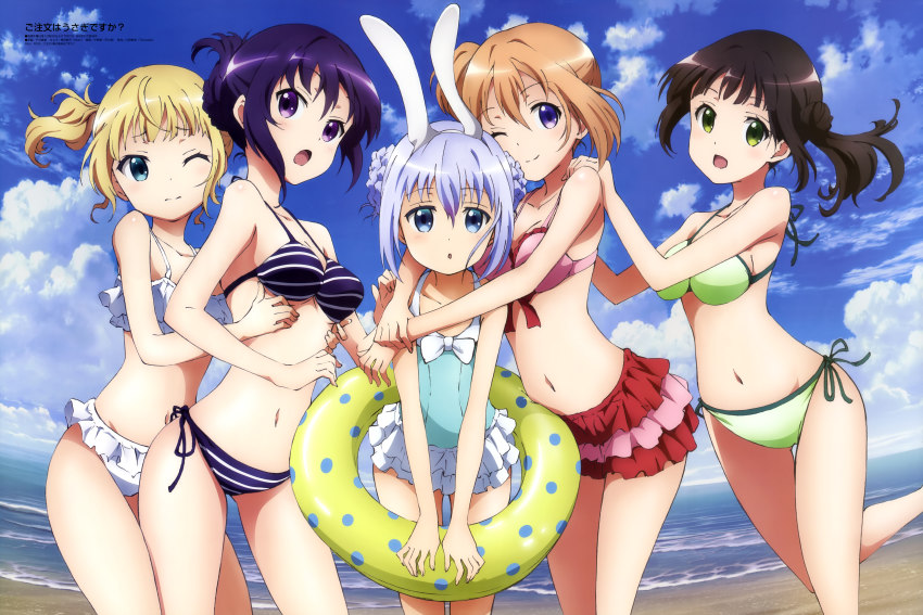 5girls, :d, :o, ;), absurdres, alternate_hairstyle, animal_ears, animedia