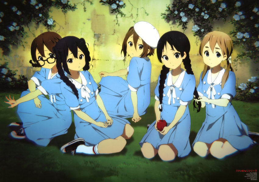 5girls, absurdres, akiyama_mio, animage, apple, black_eyes, black_hair, blonde_hair, braid, brown_eyes, brown_hair, food, fruit, glasses, hair_over_shoulder, hat, highres, hirasawa_yui, ho-kago_tea_time, k-on!, k-on!_movie, kotobuki_tsumugi, multiple_girls, nakano_azusa, official_art, scan, singing!_(k-on!), socks, tainaka_ritsu, takeuchi_yukiko, tsuda_sachie, twin_braids, ura_akihiro, yamada_naoko