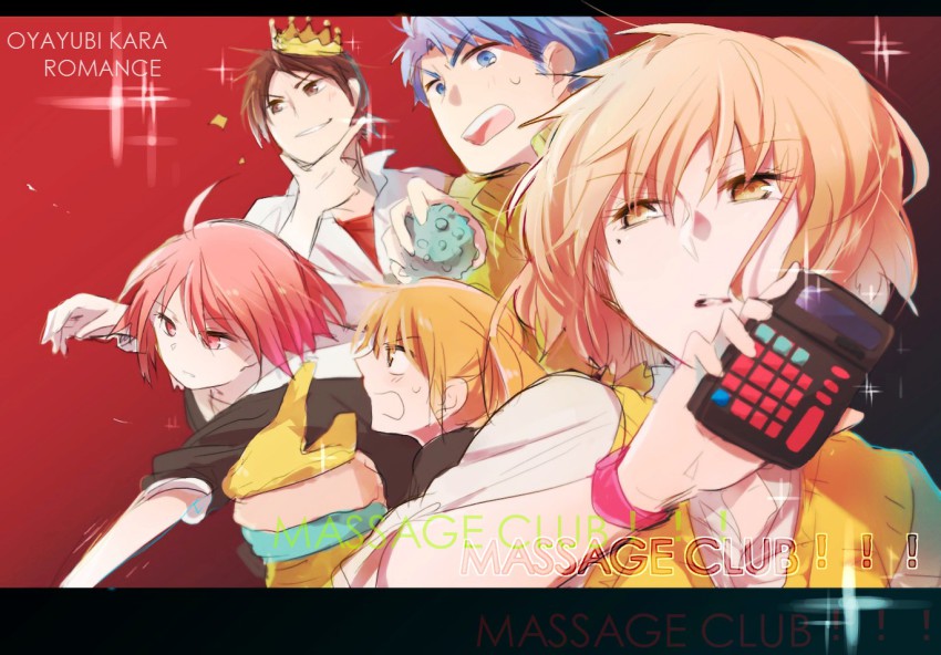 abe_natsue, aizawa_yuuna, blonde_hair, blue_eyes, blue_hair, brown_eyes, brown_hair, calculator, crown, harumi_chitose, long_hair, mmk_okikami, orange_hair, oyayubi_kara_romance, pink_hair, school_uniform, short_hair, touguu_chiaki, touguu_takeshi