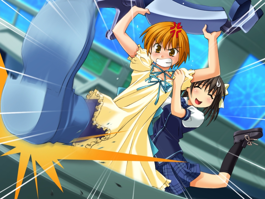 2girls, 5pb., :d, ^_^, angry, arm_grab, arms_up, black_hair