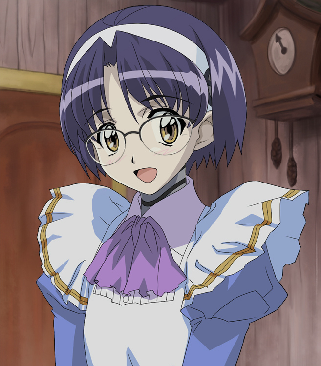 1girl, aiko_(magipoka), blush, female_focus, glasses, hairband, oisin, purple_hair