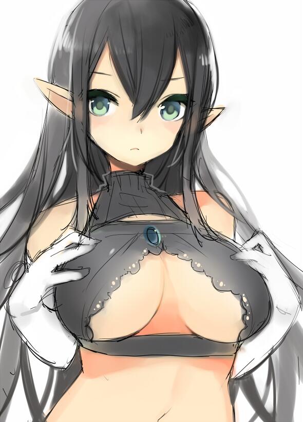 1girl, bad_id, bad_twitter_id, bare_shoulders, black_hair, breasts, cleavage, cleavage_cutout