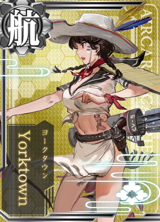 10s, 1girl, arrow_(projectile), belt, blush, bow_(weapon), braid, breasts, brown_eyes, brown_hair, card_(medium), card_parody, character_name, cowboy_hat, crop_top, facial_mark, female_focus, gun, handgun, hat, holding, holding_bow_(weapon), holding_weapon, holster, jeanex, kantai_collection, kneehighs, large_breasts, midriff, navel, open_mouth, original, pacific_(kancolle), personification, quiver, revolver, short_hair, socks, solo, stampede_string, tattoo, translation_request, twin_braids, united_states, united_states_navy, uss_yorktown_(cv-5), weapon, yorktown_(pacific), yorktown_class_aircraft_carrier