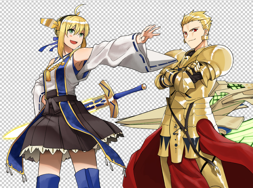 1boy, 1girl, ahoge, armor, artoria_pendragon_(fate), blonde_hair, cosplay, detached_sleeves, excalibur_(fate/stay_night), fate/stay_night, fate_(series), gilgamesh_(fate), green_eyes, hair_slicked_back, highres, kantai_collection, kongou_(kancolle), kongou_(kancolle)_(cosplay), nontraditional_miko, saber_(fate), skirt, tsurusaki_yuu, vimana_(fate)