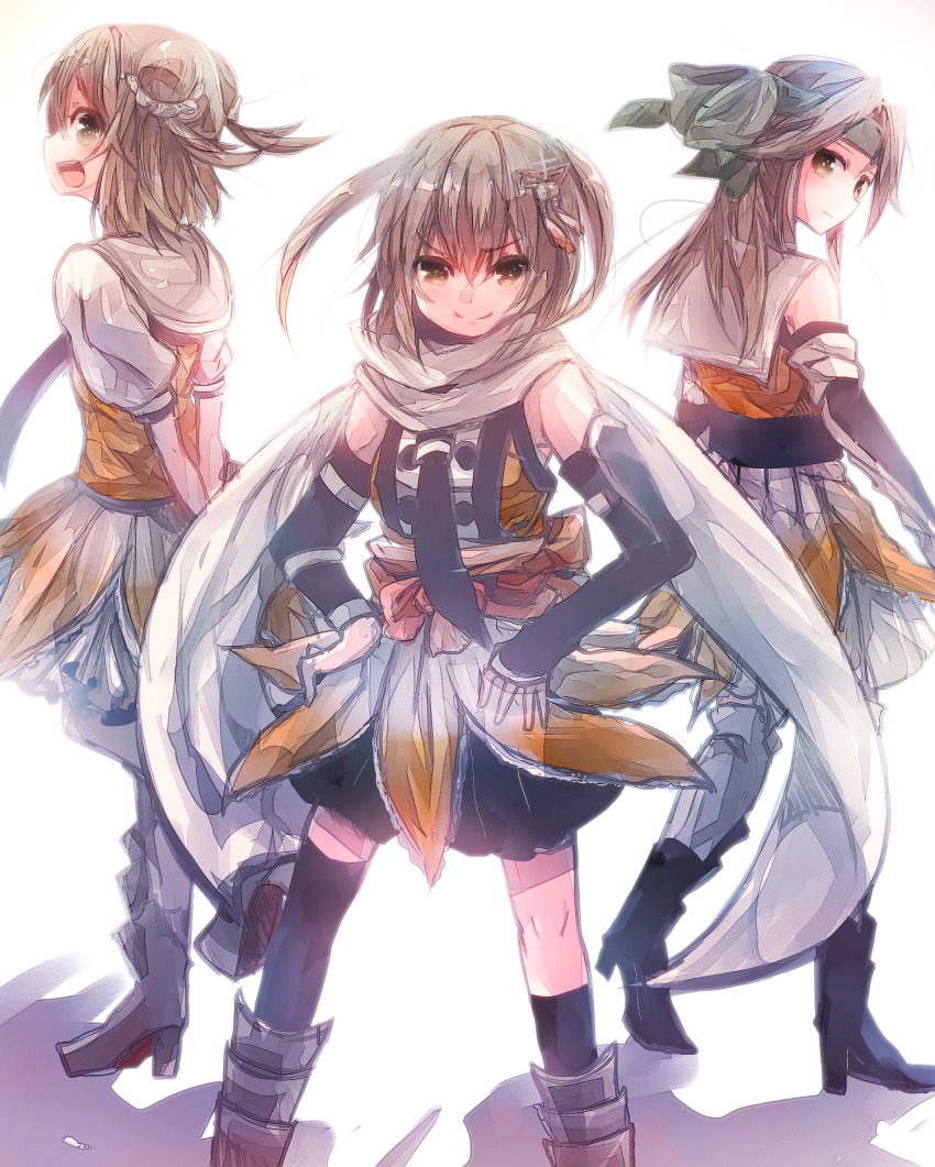 10s, 3girls, :d, back, black_gloves, bow, brown_eyes, brown_hair