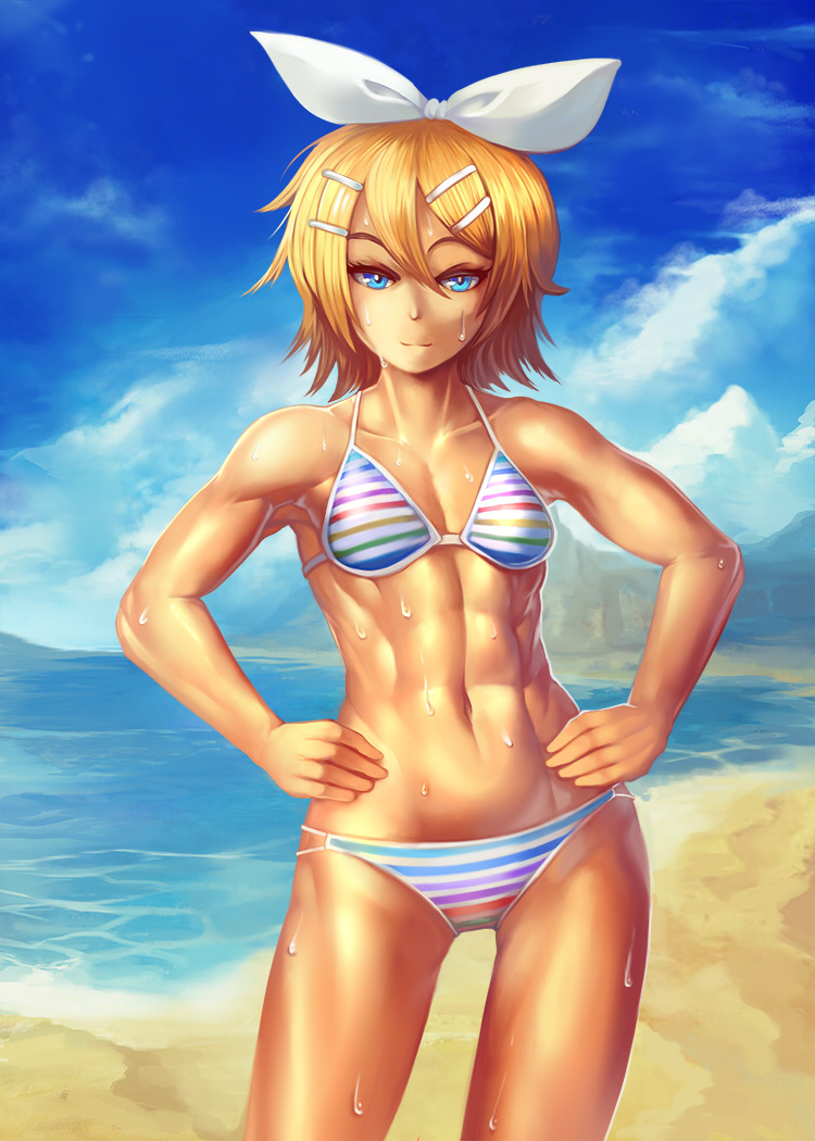 1girl, abs, beach, bikini, blonde_hair, blue_eyes, day, female_focus