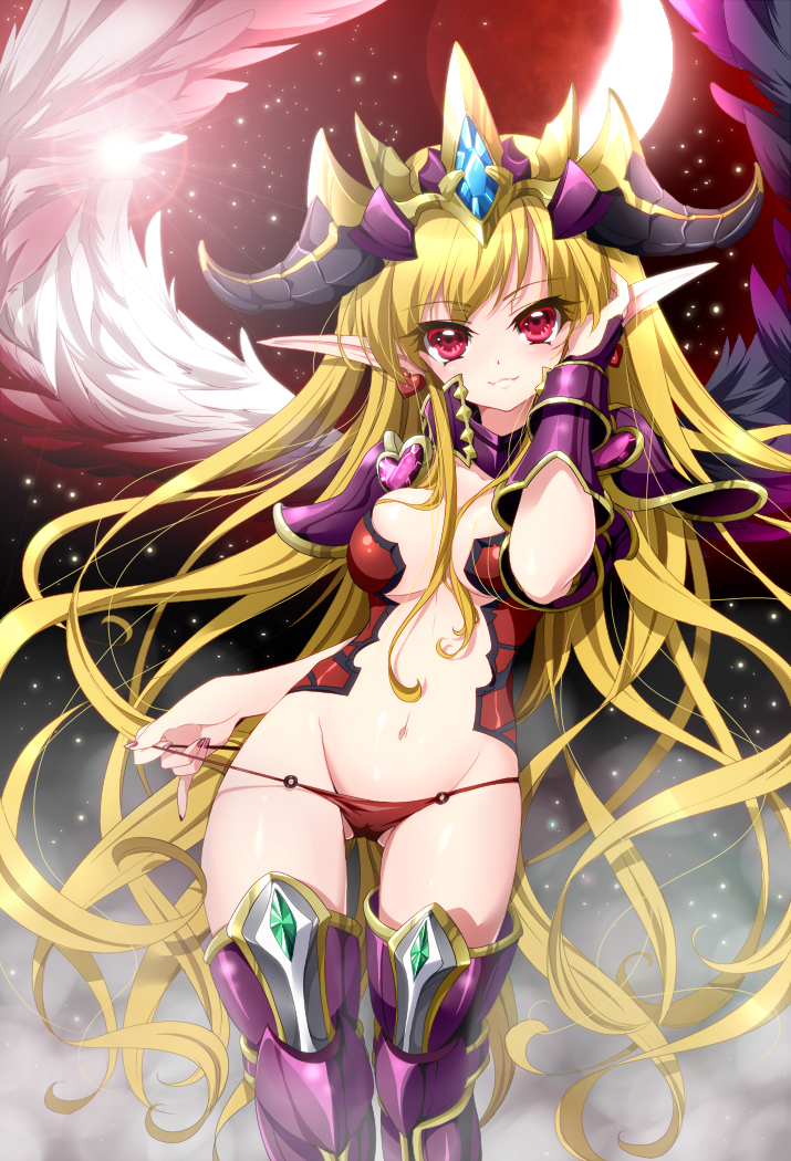 1girl, armor, blonde_hair, breasts, cleavage, demon_girl, feathered_wings, female_focus, horns, large_breasts, lilith_(p&amp;d), long_hair, midriff, myutsusama, nail_polish, navel, panties, panty_pull, pauldrons, pointy_ears, puzzle_&amp;_dragons, red_eyes, shoulder_armor, smile, solo, tiara, underwear, wings