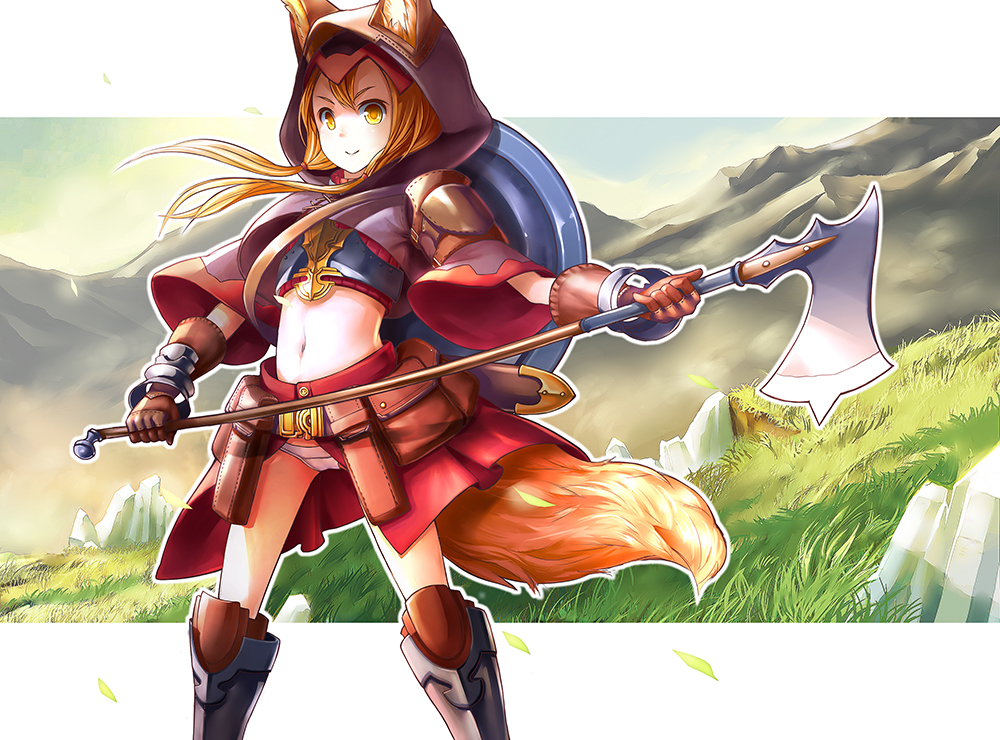 1girl, animal_ears, animal_hood, armor, axe, bad_id, bad_pixiv_id, battle_axe