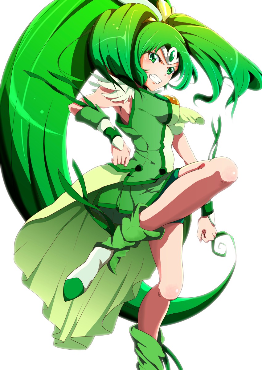 10s, 1girl, bike_shorts, cure_march, dress, eyelashes, female_focus, green_dress