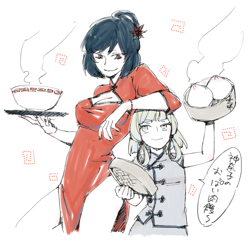 2girls, asahi_(uwa), asasui, bamboo_steamer, blonde_hair, blue_eyes, blue_hair, bowl