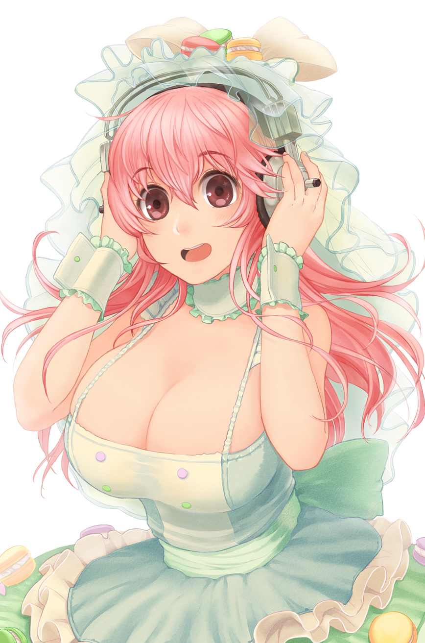 1girl, :d, blush, breasts, cleavage, female_focus, food, food-themed_clothes, hands_on_headphones, headphones, highres, large_breasts, long_hair, looking_at_viewer, macaron, nitroplus, open_mouth, pink_eyes, pink_hair, simple_background, smile, solo, super_sonico, veil, waniwani, white_background, wrist_cuffs