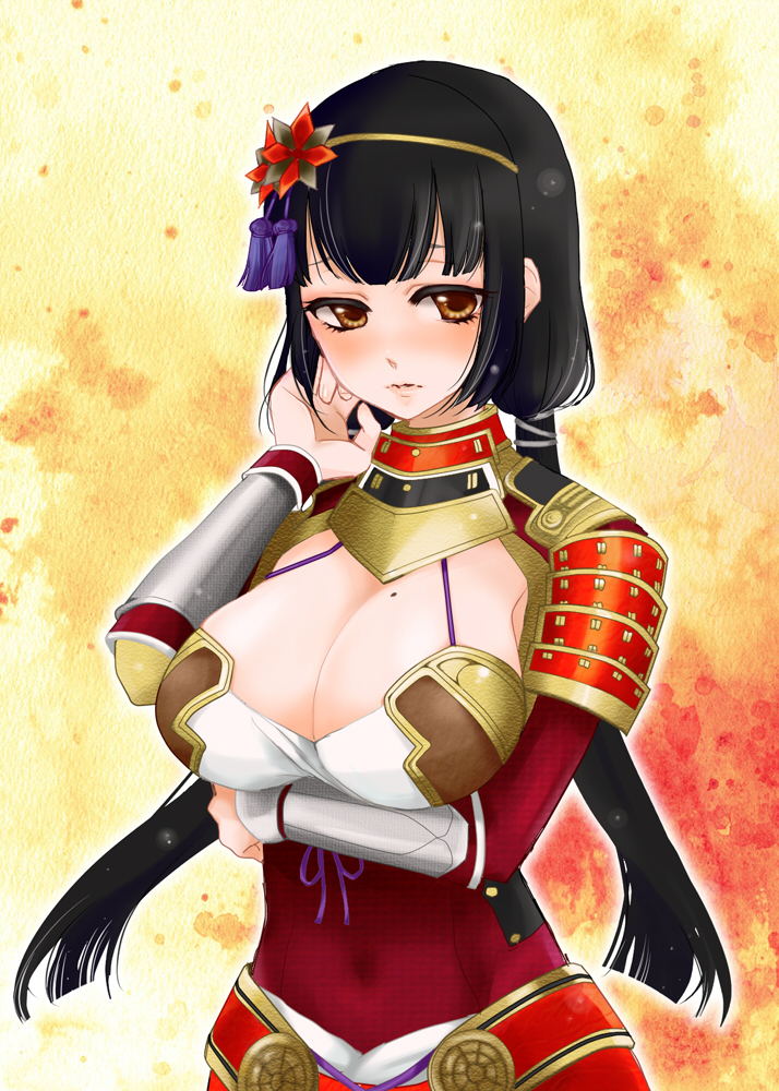 1girl, armor, black_hair, breasts, brown_eyes, cleavage, female_focus, hair_ornament, ii_naotora_(sengoku_musou), large_breasts, long_hair, mole, sengoku_musou, solo, warrior, yukinabe_(pixiv944737)