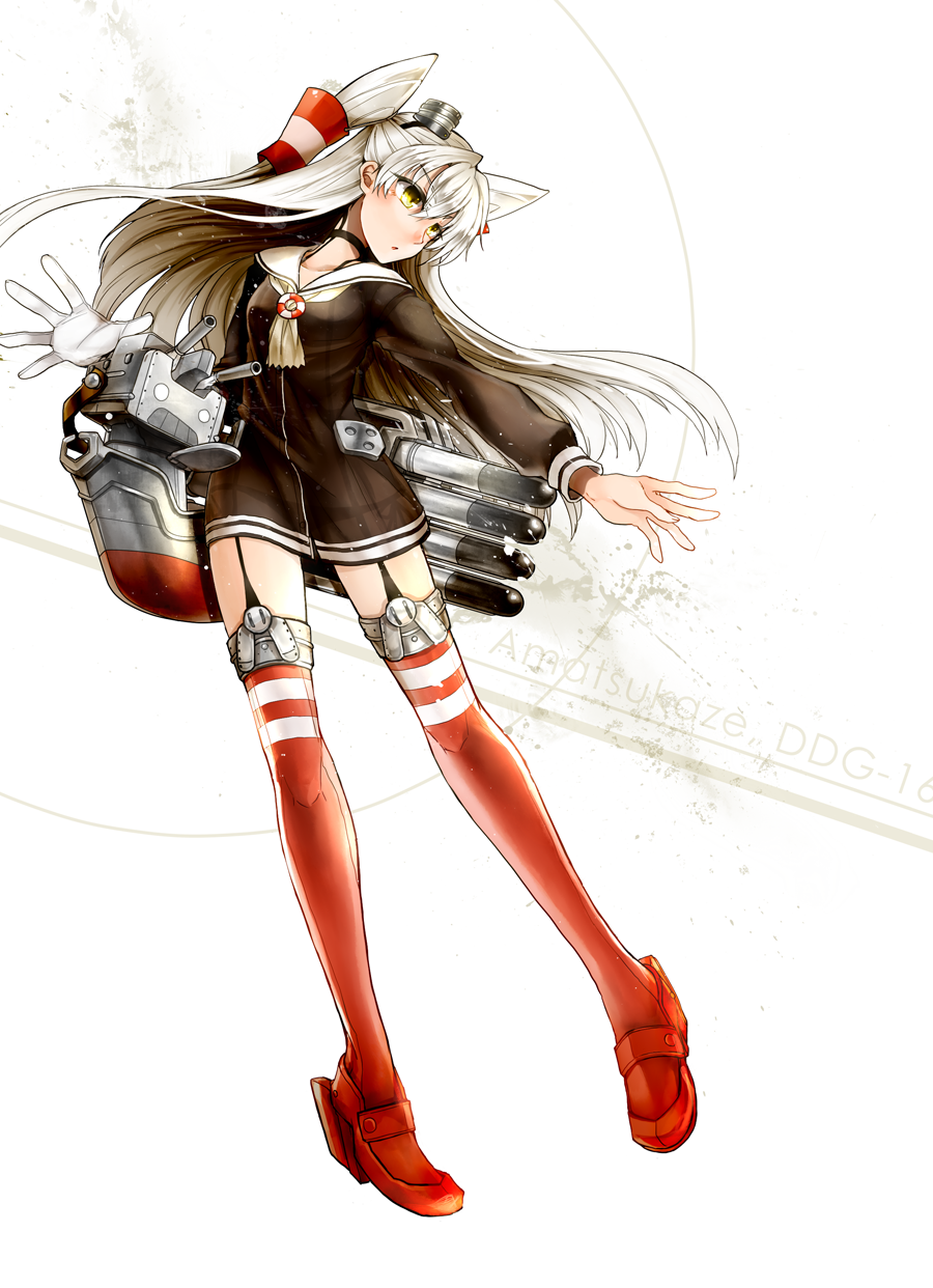 10s, 1girl, amatsukaze_(kancolle), bad_id, bad_pixiv_id, character_name, choker, dress, garter_straps, gloves, highres, kantai_collection, long_hair, misono_reiji, o_o, personification, red_thighhighs, rensouhou-kun, sailor_dress, school_uniform, serafuku, short_dress, silver_hair, single_glove, striped_clothes, striped_thighhighs, thighhighs, white_gloves, zettai_ryouiki