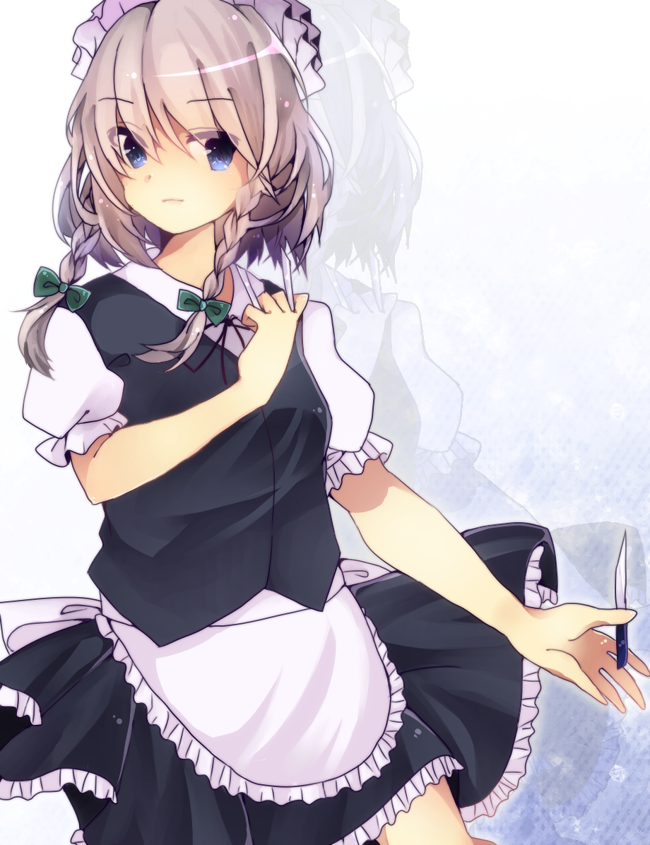 1girl, apron, bad_id, bad_pixiv_id, between_fingers, blue_eyes, blue_skirt, braid