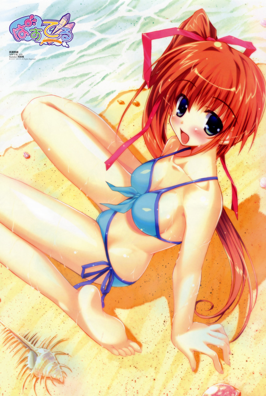 1girl, :d, absurdres, amane_hibiki, amane_soh, barefoot, beach, bikini