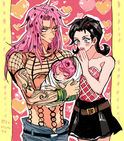 1boy, 2girls, baby, baby_carry, bare_shoulders, black_hair, blush, carrying