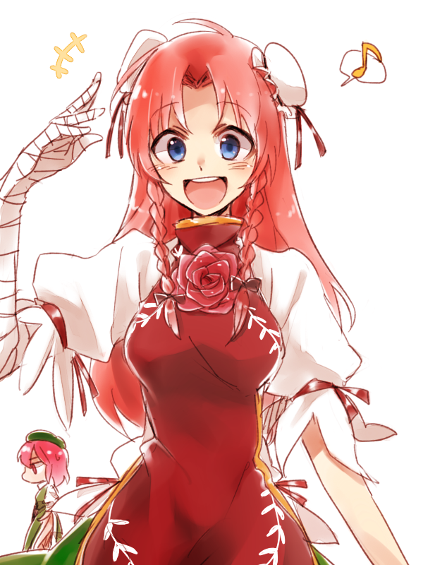 2girls, 6_(yuchae), :d, bandages, blue_eyes, braid, breasts, bun_cover