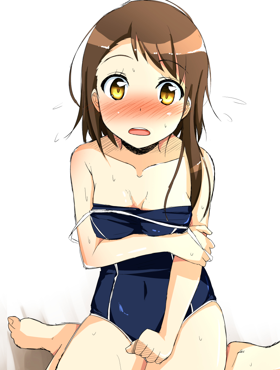 10s, 1girl, brown_eyes, brown_hair, cla_(torinabe), clothes_pull, competition_school_swimsuit, female_focus, flying_sweatdrops, highres, nisekoi, one-piece_swimsuit, one-piece_swimsuit_pull, onodera_kosaki, school_swimsuit, short_hair, sitting, solo, sweat, swimsuit, wariza